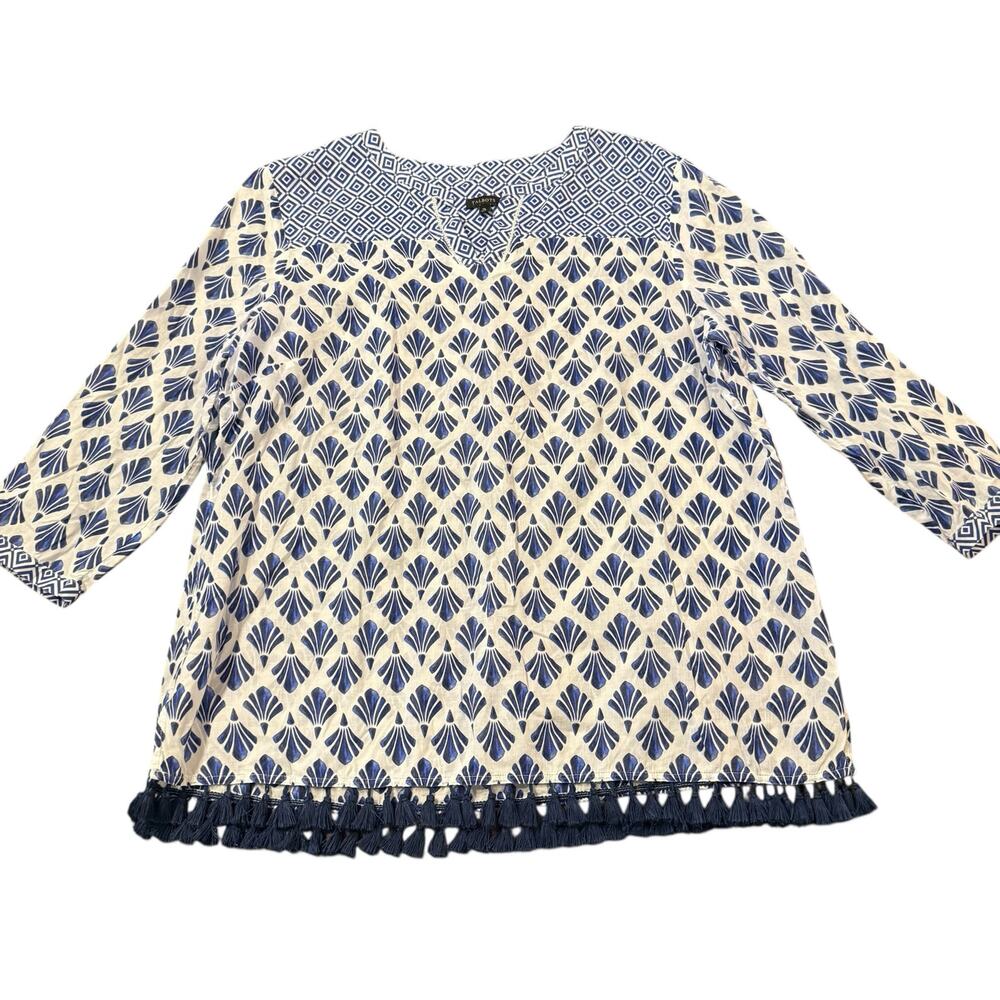 Talbots Coastal White and Blue Printed Split-Neck Blouse - Picture 2 of 8